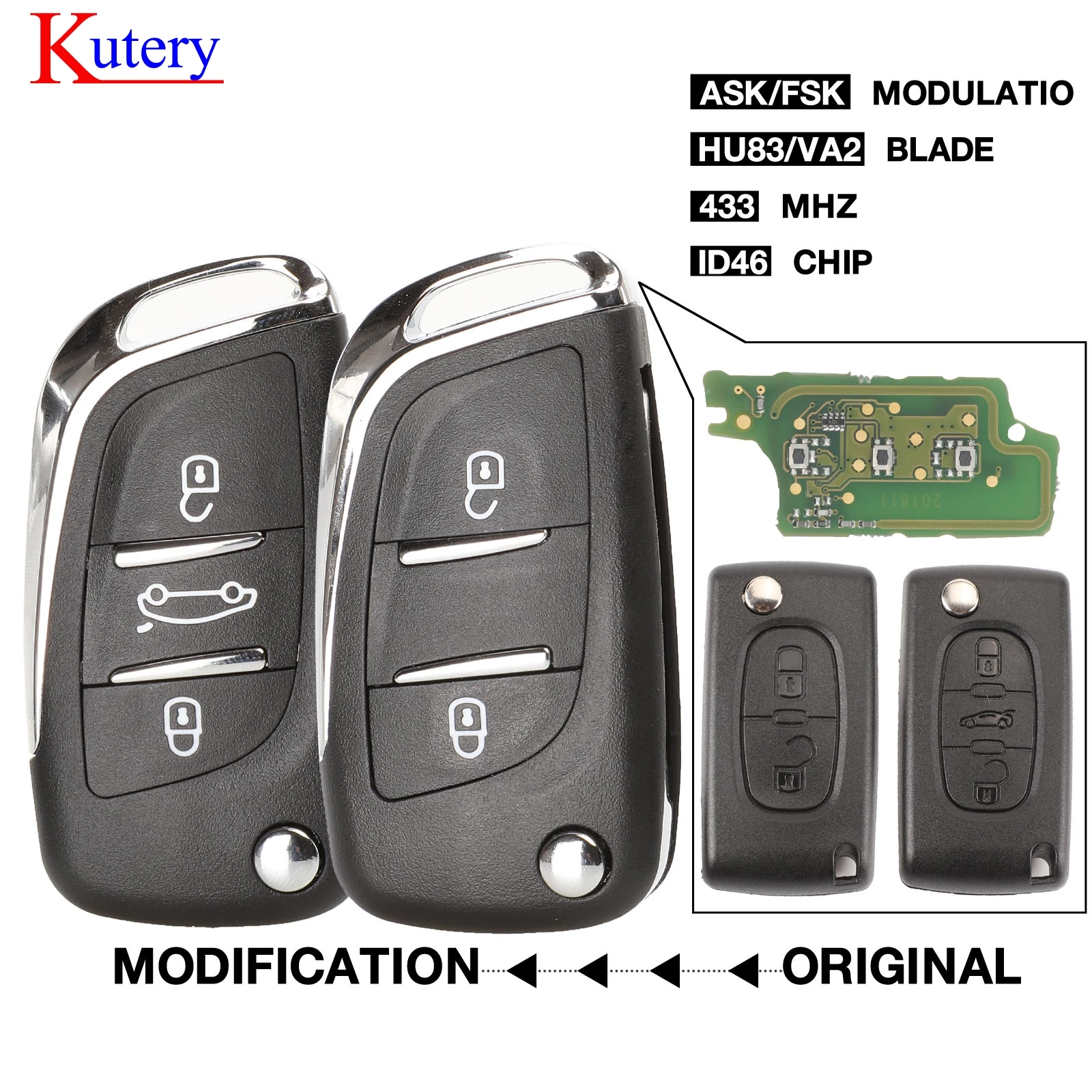 Kutery 433 МГц ASK/FSK модифицированный дистанционный Автомобильный ключ для Citroen PICASSO C2