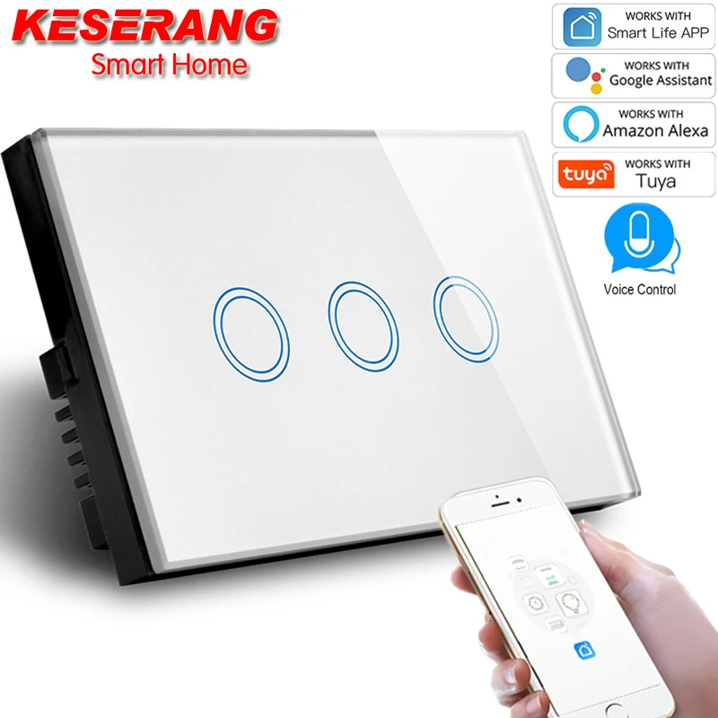 

SAA AU/US Standard 3 Gang WIFI Switch 2.4GHz,Tempered Crystal Glass Panel,AC 110-240V,Compatible Alexa & Google Assistant Switch