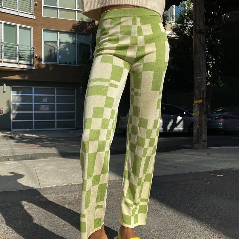 

Women Checkered Pants Wide Leg Knit Pants Check Vintage Summer 2021 Female Plaid Print High Waist Casual Street Long Trousers