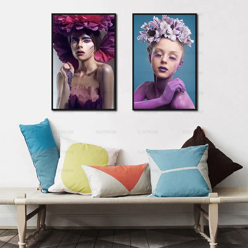 

Poster Purple Paint On Artistic Woman Body and Flower On Head Wall Art Canvas Painting Korean Landscape and Prints Frameless Hom