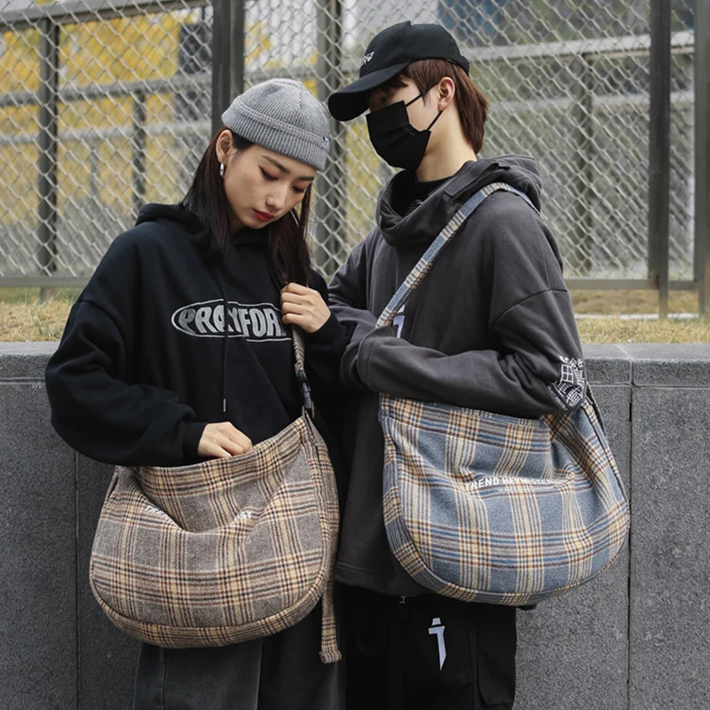

Large Capacity Korean Vintage Crossbody Bags for Women Fashion Weekender Canvas Ladies Shoulder Bag Plaid Striped Handbags 2021