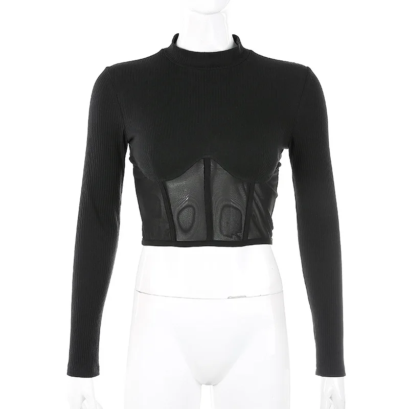 

Winter Style Fashion T-Shirt 2020 Sexy Fashion Long Sleeve Mesh Black Solid Sexy High Street Women T-Shirt
