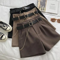 2022 vintage chain high waisted suit shorts womens korean version outside wearing wide legged pants with belt casual 3 colors