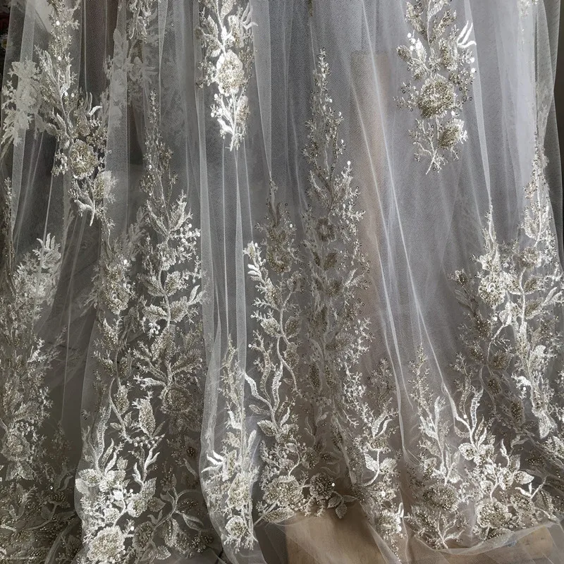 

(15yard/piece) Exquisite beaded tube bead piece embroidery cloth paste mesh lace flower sequins wedding dress decoration