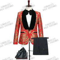 jeltonewin high quality red gold floral jacquard prom men suits slim fit velvet shawl lapel wedding groom tuxedo male clothes