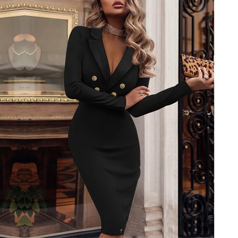 

Women‘s Midi Dress 2022 Spring Autumn Solid Sexy Sheath Dress Plus Size Tunic Button Deep V-Neck Bodycon Dresses vestidos 3XL