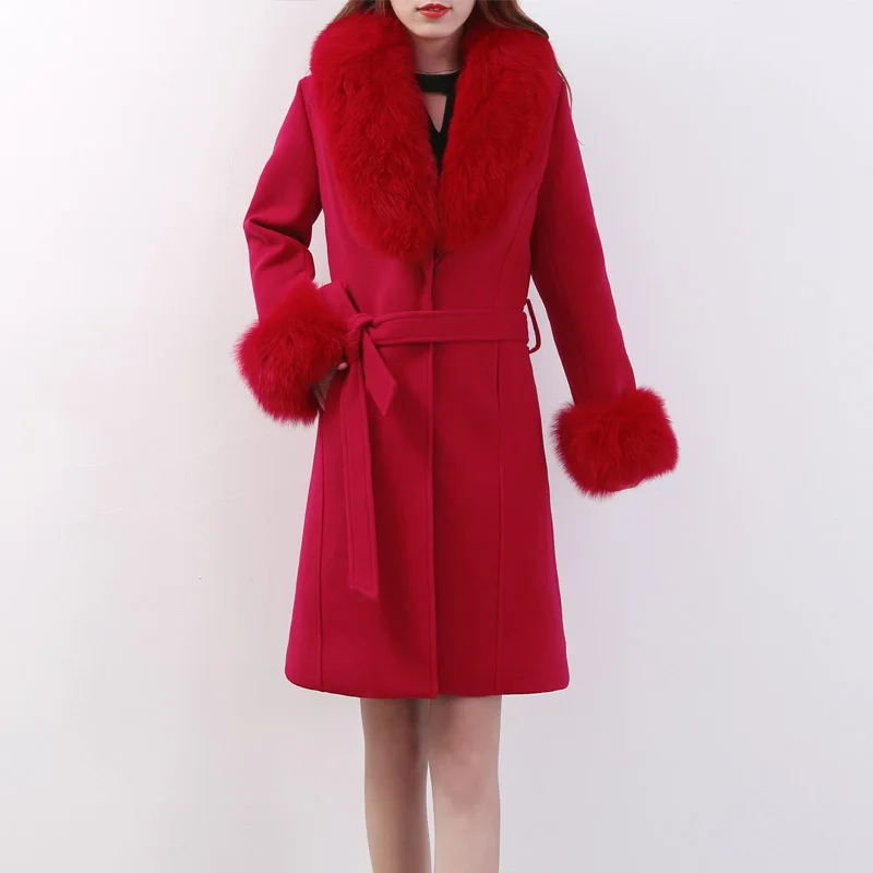 Woman Autumn Winter High Quality Elegant Woolen Coat Female Long Section Slim Belt Large Coat Detachable Fur Collar 