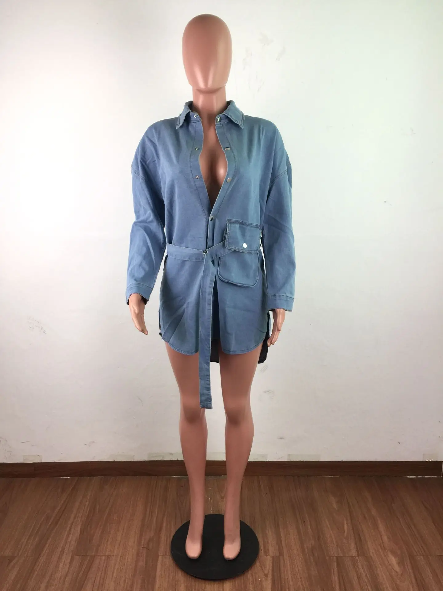 

Fashion Turn-down Collar Women Solid Denim Dress 2021 Spring Latest Single-Breasted Sexy Long Sleeve Sashes Bodycon Dresses