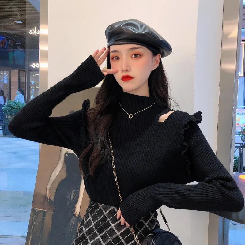 

Fall 2021 Women Sweet Style Korean Clothes Turtleneck Sweater Hollow Out Fashion Brand Spring Autumn Pullovers Ladies Tops New