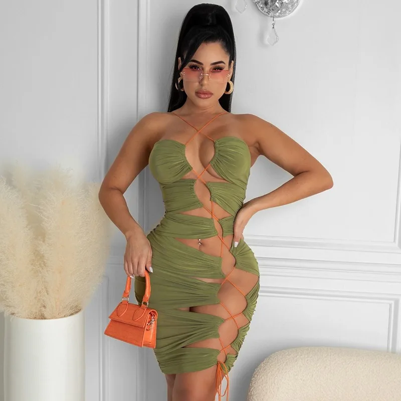 

Hollow Out Strap One Shoulder Mini Dress for Women 2021 Summer Bandage Slim Hips Night Clubwear Holiday Ladies Clothings Vestido