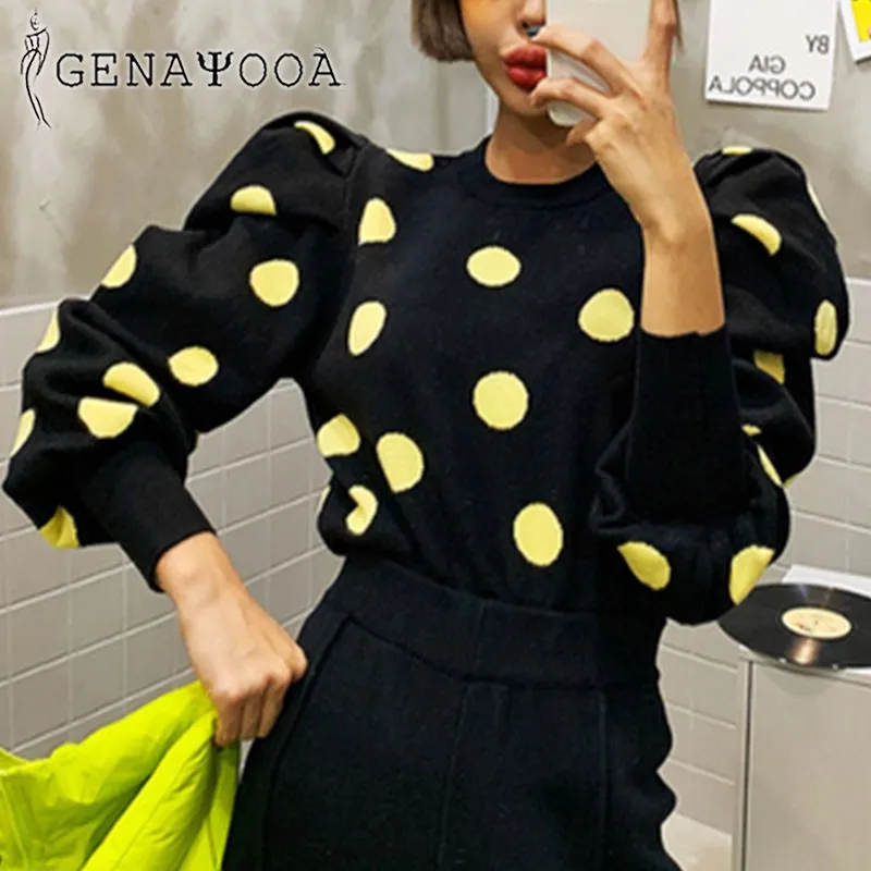 

Genayooa Korean Chic Sweater Women Stylish 2020 Autumn Winter Puff Sleeve Pullover Sweater Dot Women's Knitwear Jumper Tops Lady