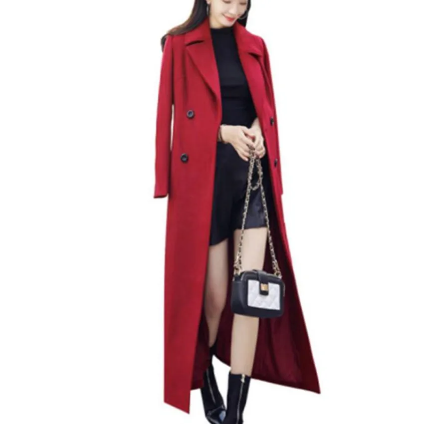 

x-long winter fashion woolen overcoat women thick slim double breasted warm wool blends outwear