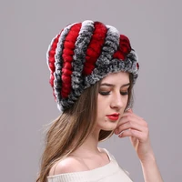 real rex rabbit fur hat elastic knitted cap with stripe design winter hat for women ladies autumn headgear fashion girls bonnets
