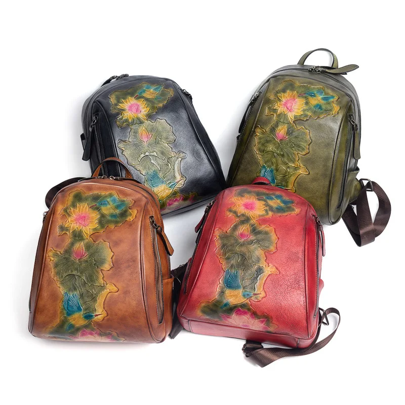 

YourSeason 2021 Women Handmade Embossing Vintage Backpack Genuine Leather Female Cowhide Floral Travel Bags