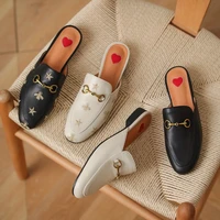designer brand women shoes pumps new 2021 spring summer genuine leather round toe slip on embroidery casual mules big size 34 43