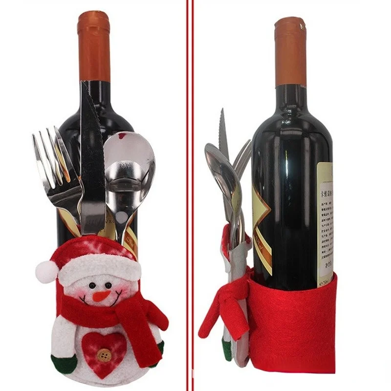 

20pcs Red Doll Cutlery Bag Wine Bottle Santa Claus Snowman Home Tableware Bags Set Party Decoration Gift Navidad Christmas