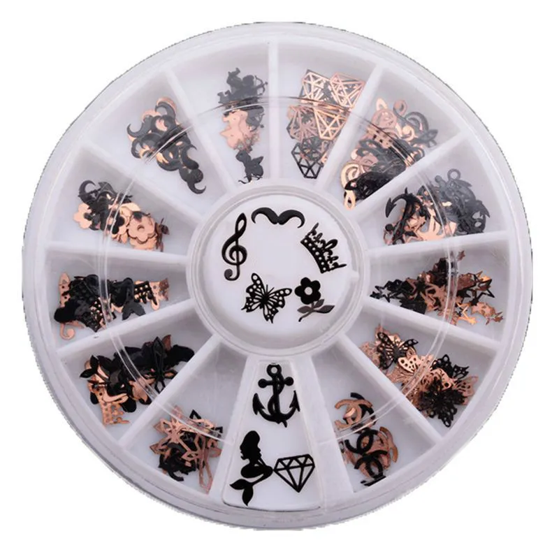 

1 колесо, 12 ячеек, смешанный дизайн, Нейл-арт, металлический декор, черная кошка, борода, цветок, бабочка, металлические ломтики, наклейка, ног...