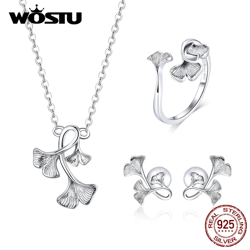 WOSTU реальные 925 пробы Серебро Гинкго лист ювелирный набор Цепочки и ожерелья