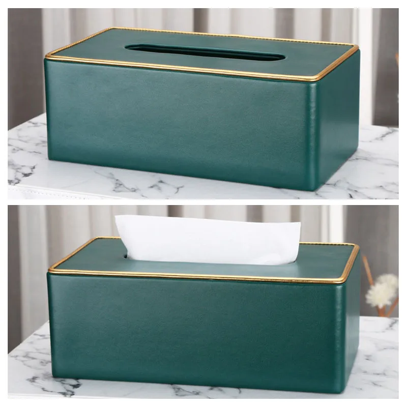 

Leather Tissue Box Luxury Dark Green Gold Plated Napkin Holder Paper Dispenser Tissue Boxes Home Living Room Office Decoration