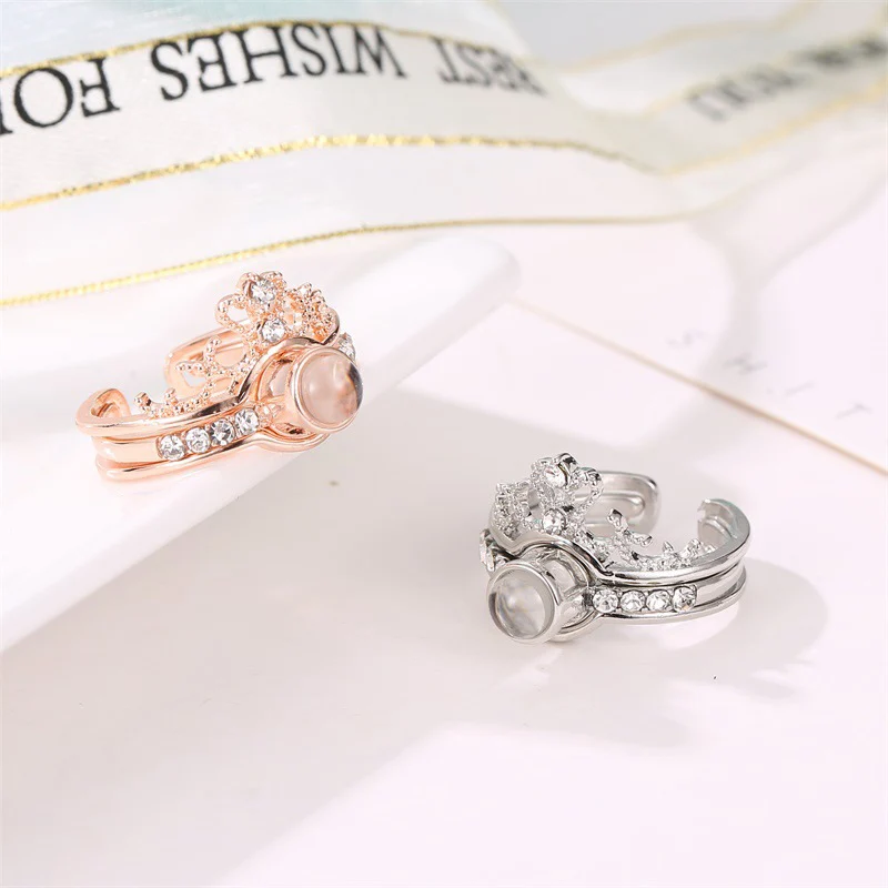Rose Gold&Silver 100 languages I love you Projection Ring Opening Adjusting Ring Romantic Love Wedding Ring Jewelry