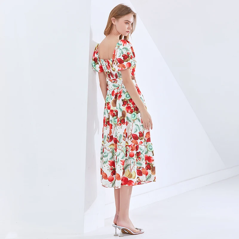 

TWOTWINSTYLE Elegant Print Midi Dress For Women Slash Neck Short Sleeve High Waist Summer Dresses Female Fashionable New Tide