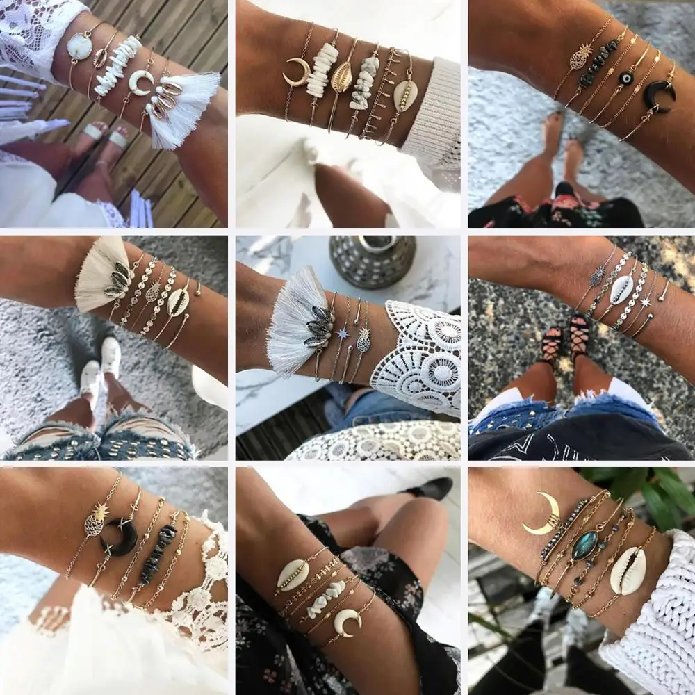 Набор женских многослойных регулируемых браслетов с кисточками и Полумесяцами |