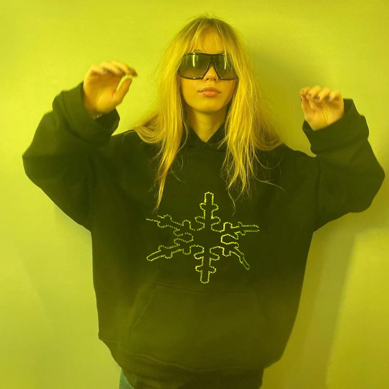 

Rockmore Rhinestone Print Hooded Sweatshirts Women Oversized Pullovers Y2K Long Sleeve Pockets Hoodies Loose Streetwear Grunge