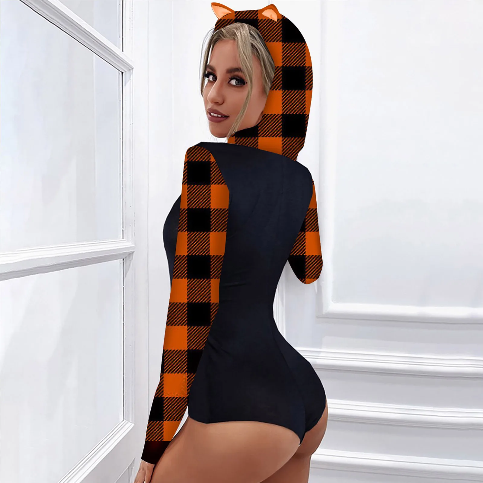 

Women's Plaid Lovely Animal Ears Buttons Hooded Lounge Sleepwear Jumpsuit Romper