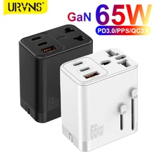 URVNS Universal Travel Adapter UK/EU/AU/US Plug GaN-Tech Wall Charger with 65W USB C PD and 30W USB Fast Charging for Laptops