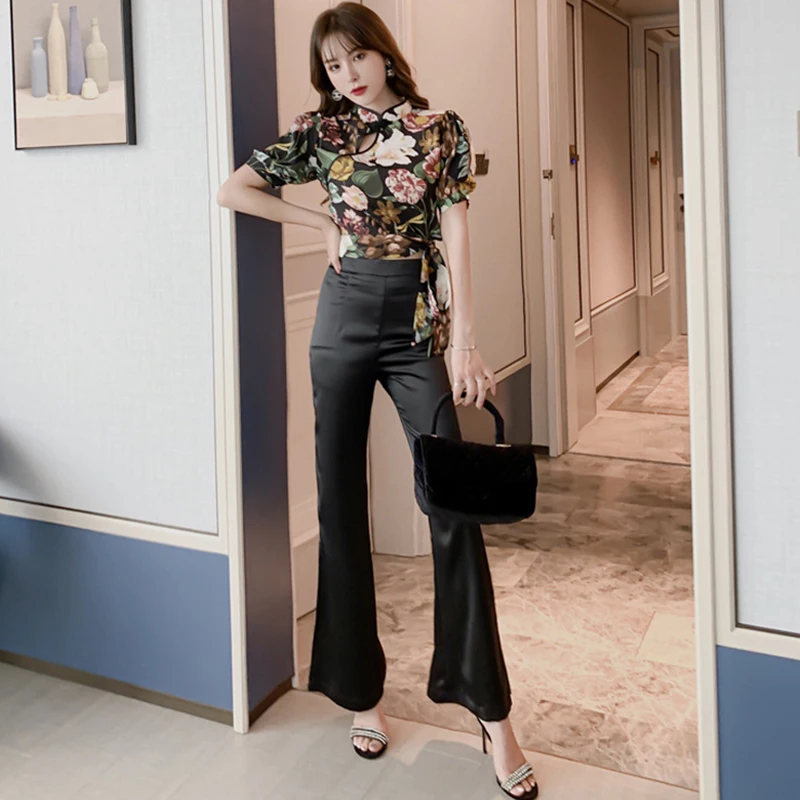 

new arrival fashion comfortable slim women sets short hollow out sexy shirt and long pants elegant work style women sets