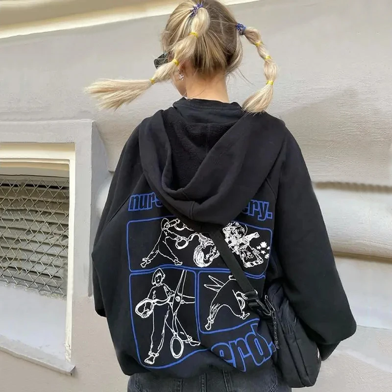 

Retro Blue and white printing black oversized hoodie women sweater zipper sweetshirts y2k jacket 2021 winter Kawaii sweatshirt