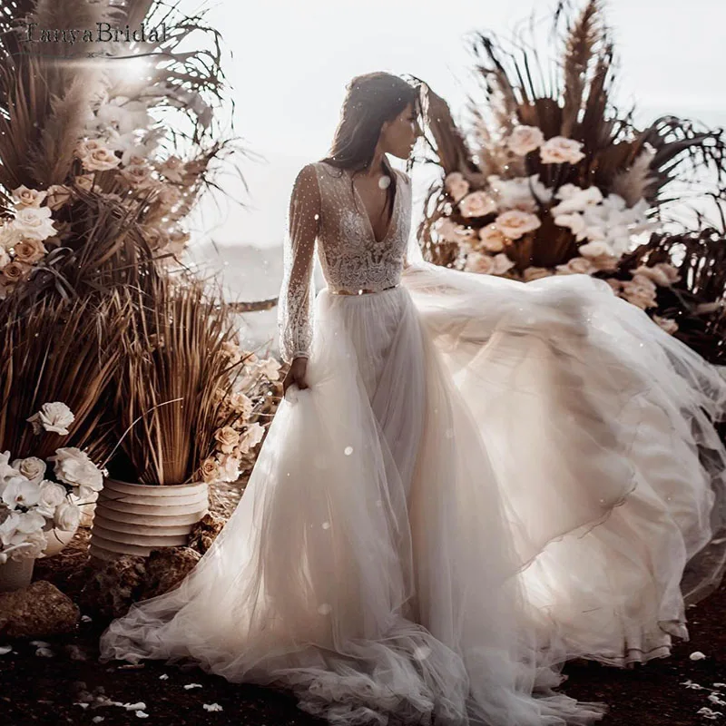 Слоновая кость Boho Dreamy A Line Свадебные платья с длинным рукавом золотой пояс Свадебные платья Robe de soriee Maxi Noivas DW187 - Цвет: Слоновая кость