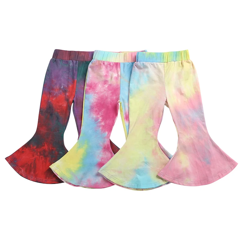 

2020 New Arrivals Pants Tie-Dye Boot Cut Trousers Cotton Elastic Waist Toddler Girl Pants Boutique Wholwsale 1Pcs