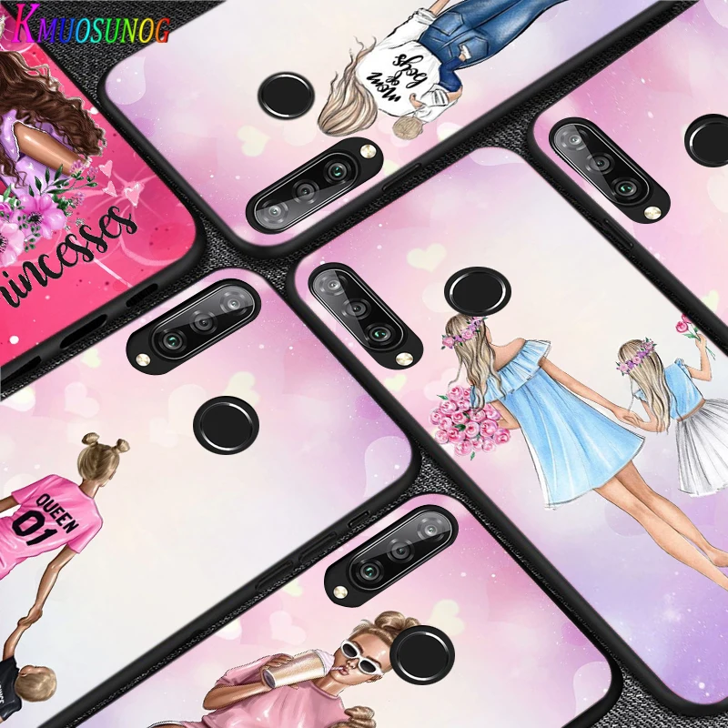 Силиконовый черный чехол Love Flower Mom Baby для Huawei P40 P30 P20 Pro P10 P9 P8 Lite E Plus 2019 2017