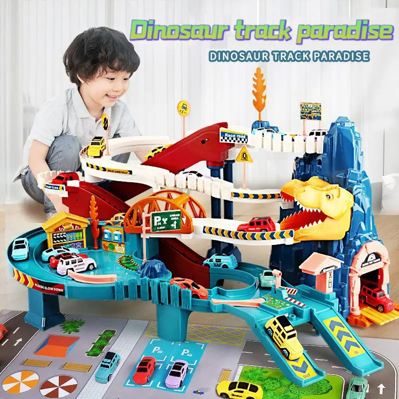 

Dinosaur Panshan Rail Car Little Train Break Through Adventure with Sound and Light Children Car Parking Lot Toys Child Gift