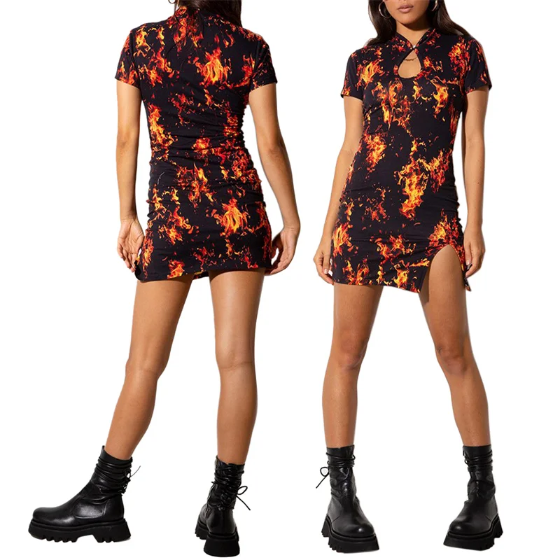 

Women's Short Sleeve Flame Print Mini Dress Female Casual Dress For Party Clubwear