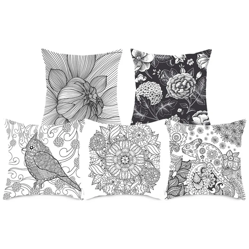 Чехол на подушку с цветочным принтом Fuwatacchi серый черный Цветочный фото чехлы для