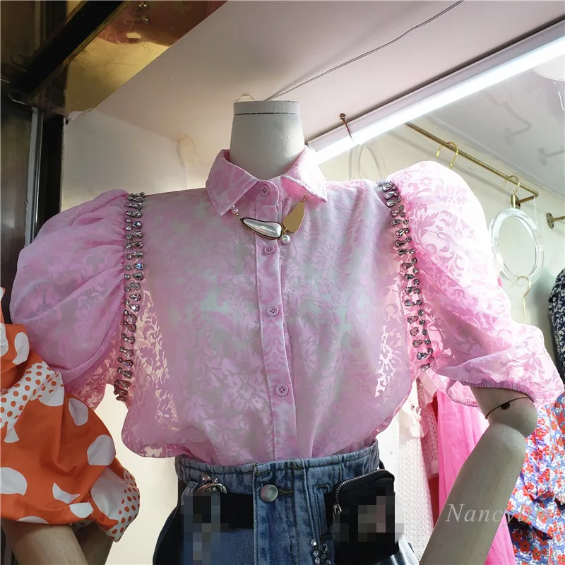 

Blouses Femme 2021 Summer New Temperament Exquisite Rhinestone Jacquard See-through Puff Sleeves Shirt Lady Loose Tops
