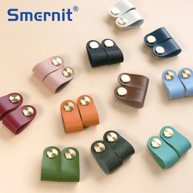 12 colors Furniture Drawer Handles Brass Genuine Leather Wardrobe Door Knobs  for Cabinet Kitchen Cupboard Pulls