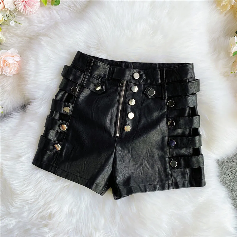 

2021 autumn winter sexy tight PU leather shorts bottoming High-waist straight-leg boots outer wear bag hip Button decoration