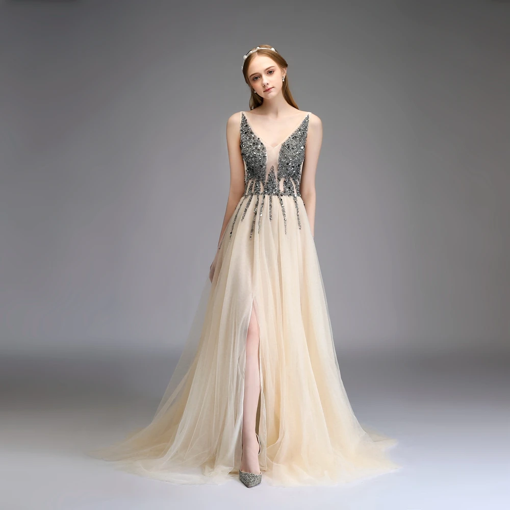 SSYFashion, новинка, роскошное вечернее платье, сексуальное, v-образный вырез, открытая спина, бисер, высокий разрез, тюль, длинное, для выпускного вечера, на заказ, вечерние, официальные платья - Цвет: Шампанское
