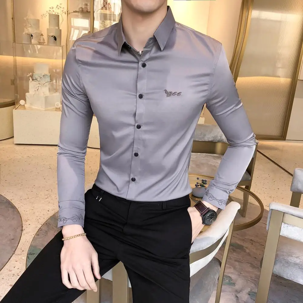 

High Quality Men's Formal Shirt New British Style Solid Color Embroidered Business Shirt Men's Long Sleeve Slim Casual Shirt