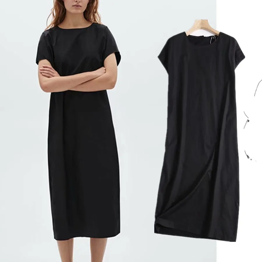 Женское однотонное платье с круглым вырезом простое Свободное длинное