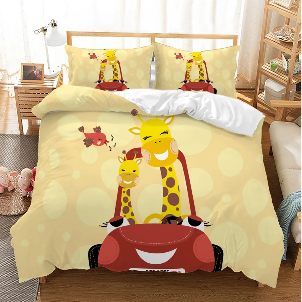 Buy Kid's Room Bed Set 100% Microfiber Yellow Red Duvet Cover Pillowcase 2/3 Pieces Cartoon Giraffe Mum Baby Nice Trip Bedding on