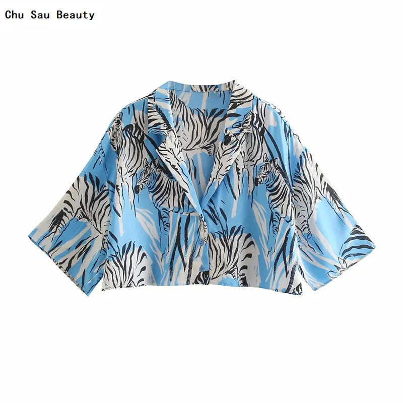 

Женская свободная короткая рубашка Za, голубая рубашка с коротким рукавом и V-образным вырезом, элегантный топ с лацканами и пуговицами, лето ...