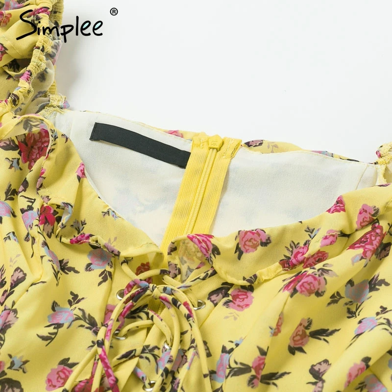 Simplee платье с цветочным принтом женщин Sexy зашнуровать желтые шифоновые мини- платья женщин