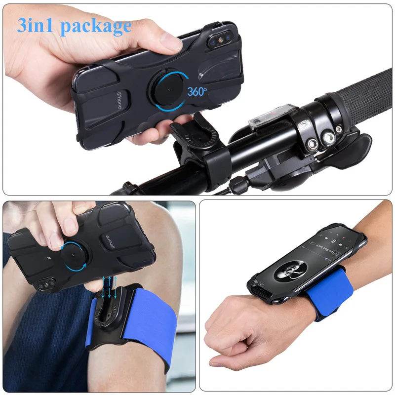 3in1 Bicycle Phone Holder Wristband Cellphone Stand Smartphone Quick Mount Bike Handlebar Bracket Armband Wrist Case for Running