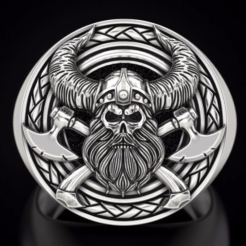 

New Trendy Luxury Jewelry Viking Skull Nordic Mythology Retro Mens Rings Gothic Jewelry Mens Rings Couple Wedding Rings