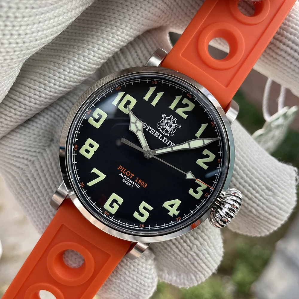 

Мужские механические часы STEELDIVE SD1903, большой пилот, Корона лука, NH35 Move Men t 200M, водонепроницаемые швейцарские светящиеся черные часы с цифербл...