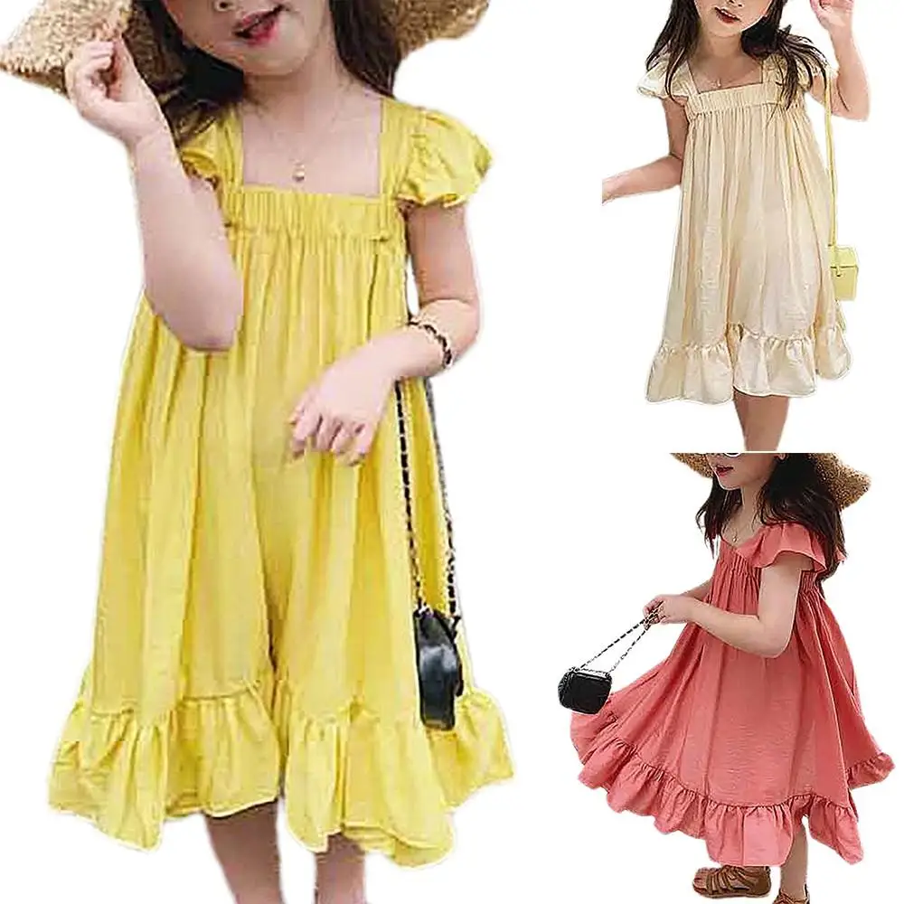 

Solid Color Square Neck Ruffles Children Girls Summer Beach Loose Sundress